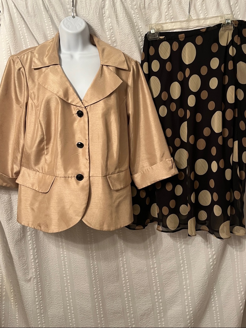 Dana Kay Gold Satin Blazer with Black Polka Dot Skirt 16W